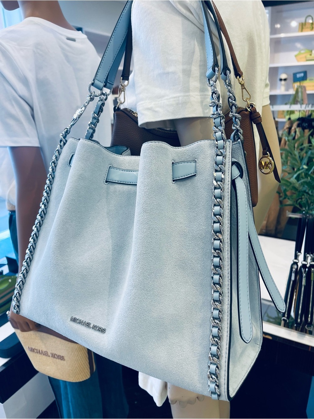 Michael Kors Mina Lg Suede Chain Shoulder Bag Pale Ocean Blue Leather NWT - Picture 5 of 16